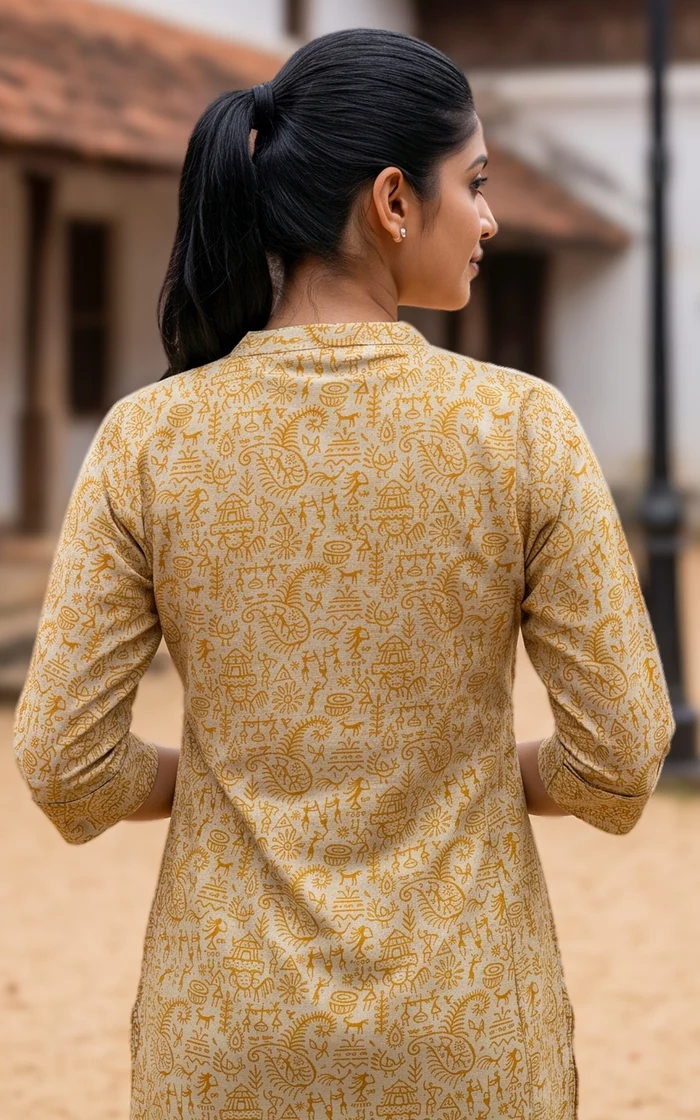 Mustard with Beige Mandarin Collar Aline Kurti set